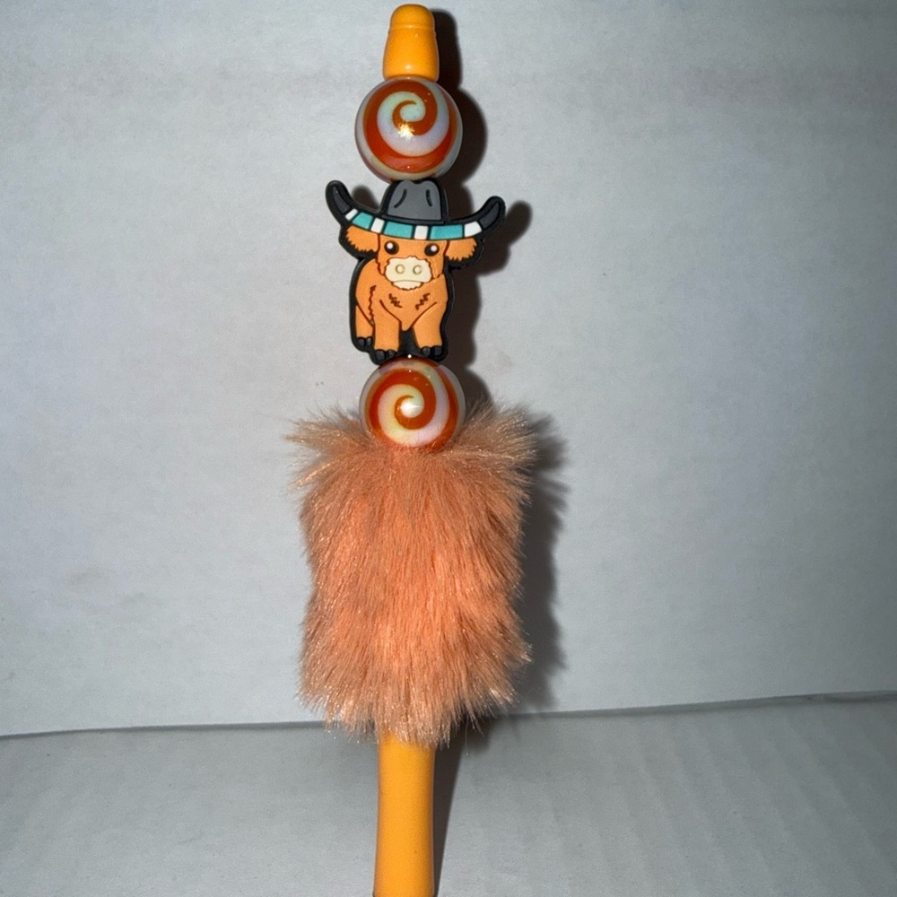 Handmade Beaded Pen-Cute calf with orange spiral resin beads and furry base